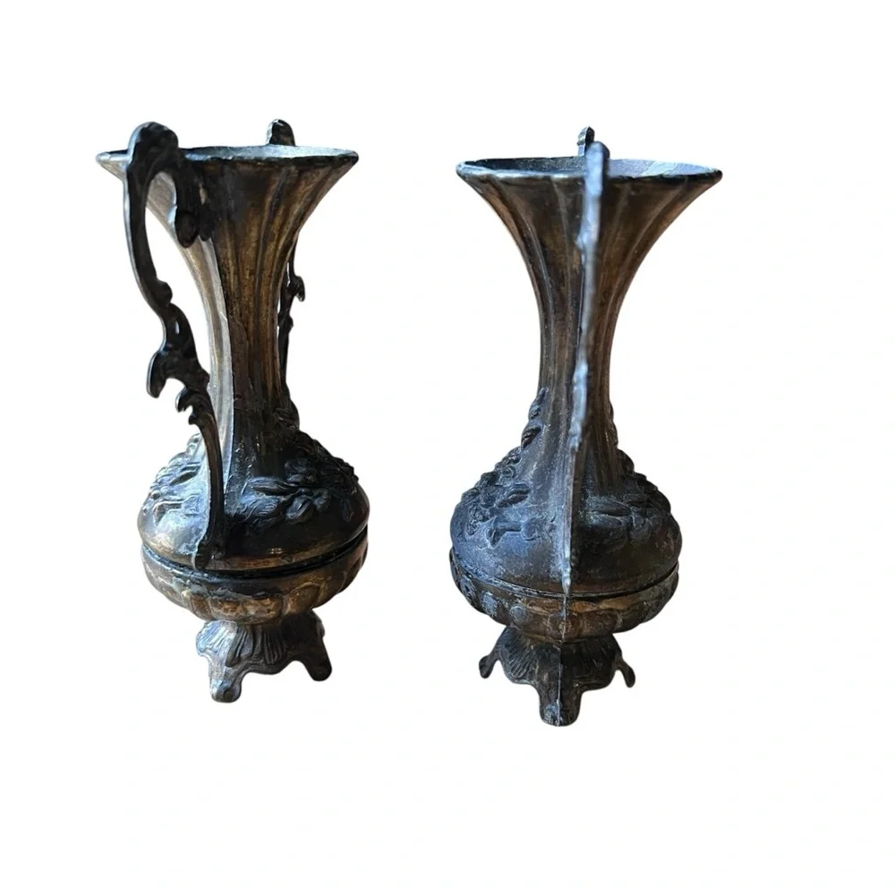 Vintage Italian Floral Ornate Metal Patina Bud Vase Pair Romantic
